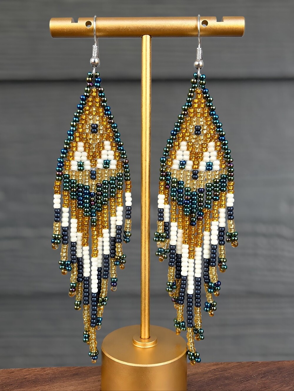 Ivy Iridescent Beaded Fringe Earrings Handmade Geometric Jewelry - Blue